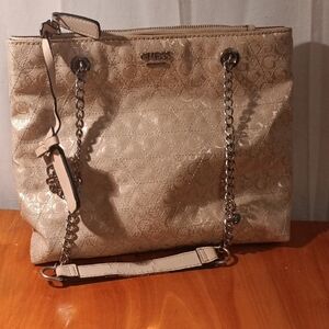 Guess Signature Beige Women Bag With Chain Handles